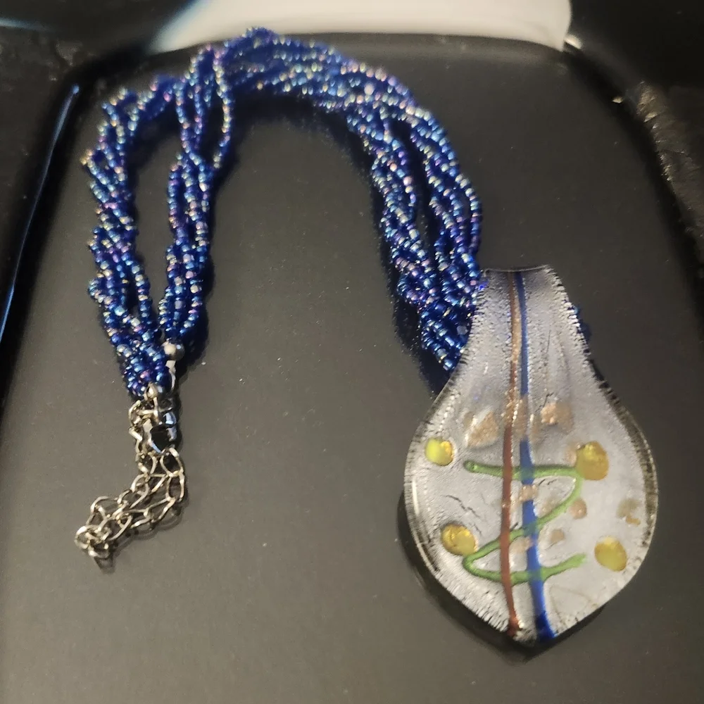 Artisan Crafted Dichroic Glass Pendant On Multistrand Beaded Chain - Picture 1 of 4